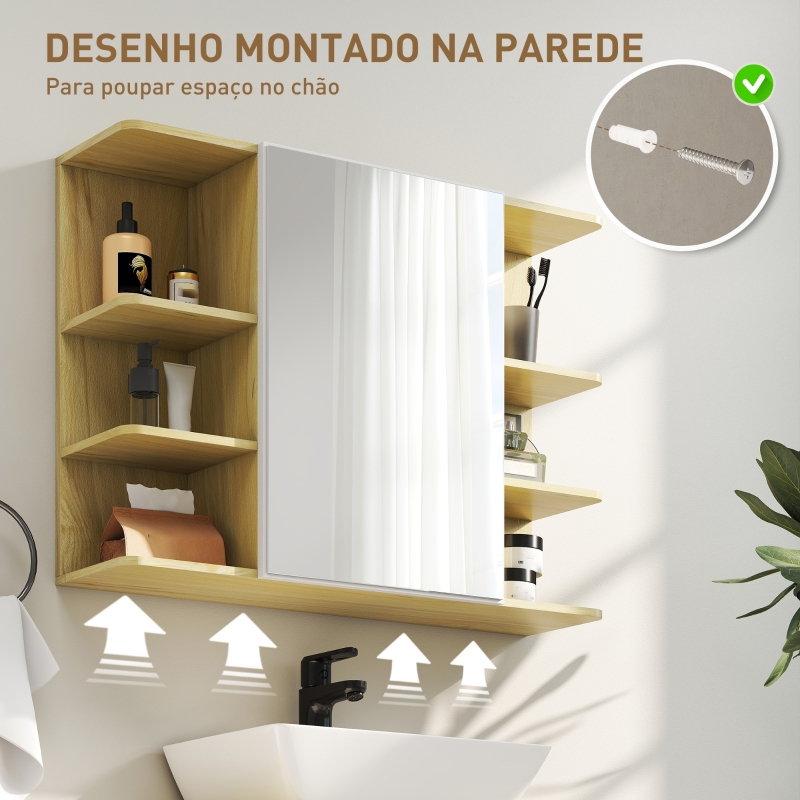 HOMCOM Armário de Casa de Banho com Espelho Armário de Parede Casa de Banho com Porta Prateleiras Abertas 80x20x59 cm Madeira