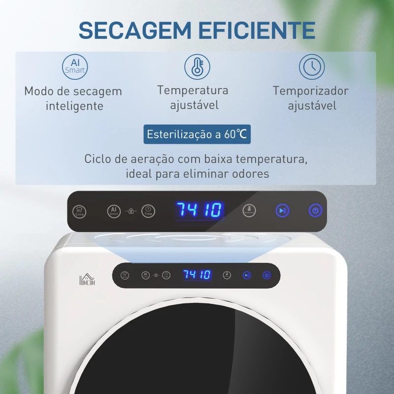 HOMCOM Máquina de Secar 3 KG 1000W Função Antirrugas Função Esterilizar Temporizador Ecrã LED Tátil Tambor Aço Inoxidável 49x43x61 cm Branco