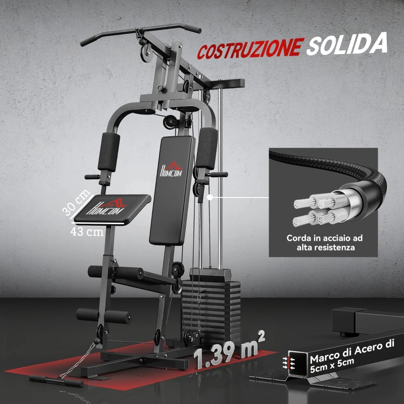 HOMCOM Stazione Fitness con Seduta e Schienale Imbottiti, in Acciaio e PU, 135x103x210 cm, Nero