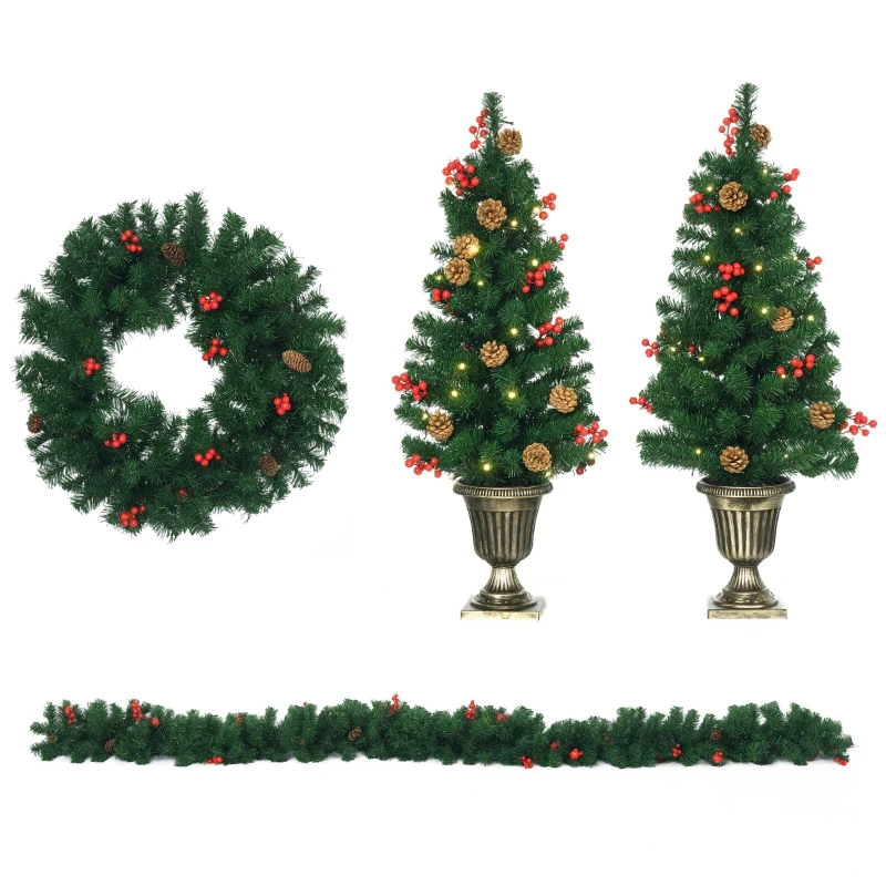 HOMCOM Set-Weihnachtsschmuck 2 Weihnachtsbäume. 4-teilig, 1 Weihnachtskranz,1 Weihnachtsgirlande inkl. LED Beleuchtung