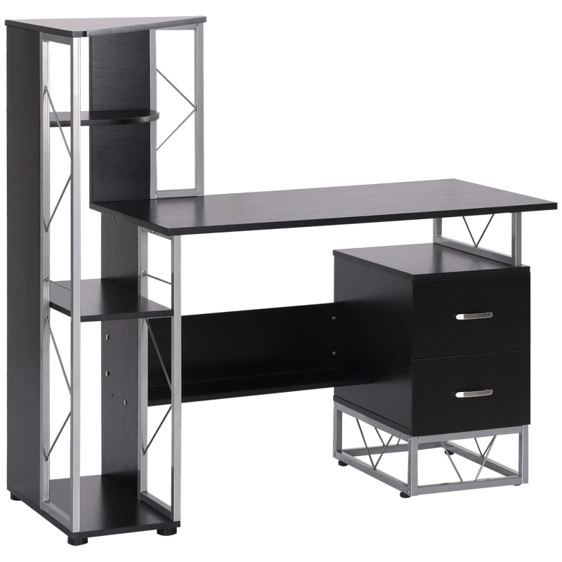 HOMCOM Escritorio con Estantería Librería Mesa de Ordenador PC con Superficie de 110 cm 2 Cajones y Múltiples Estantes para Oficina Estudio Despacho 133x55x123 cm Negro