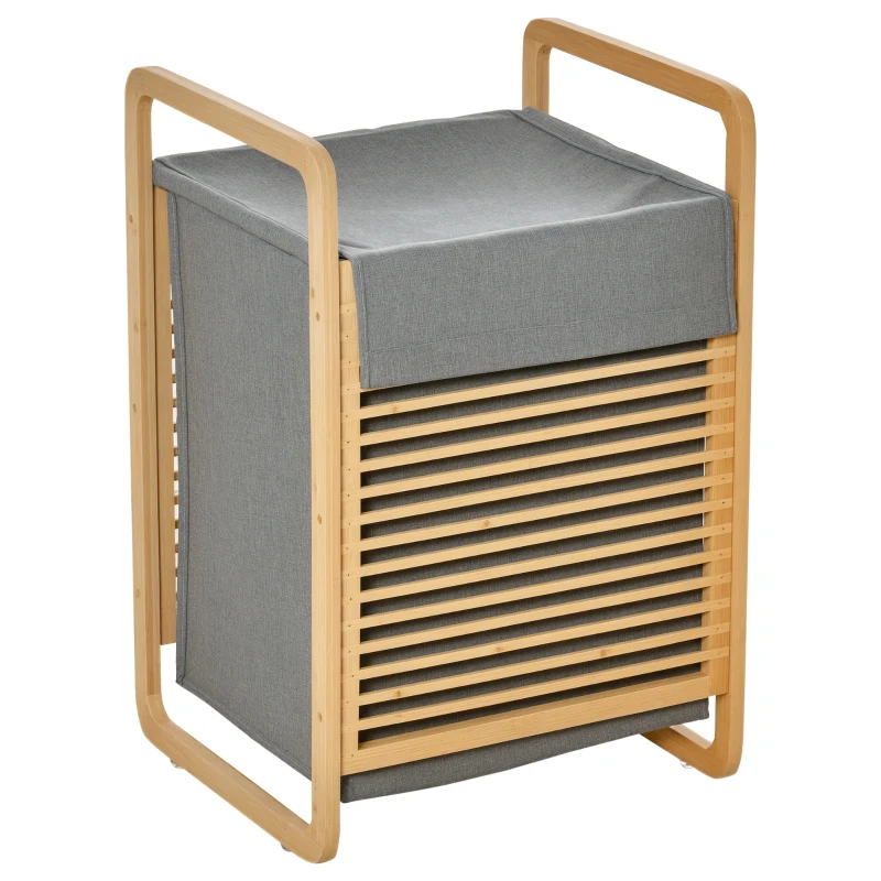 HOMCOM Cesto para Ropa Sucia de Bambú Cesto Rectangular de Ropa Portátil con Tapa y Bolsa Extraíble Mueble de Baño Dormitorio 40x35,5x60,5 cm Color Natural y Gris