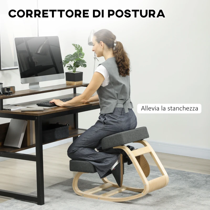 Vinsetto Sedia Ergonomica con Inginocchiatoio in Legno di Betulla e Cuscino, 51x69x58 cm, Grigio