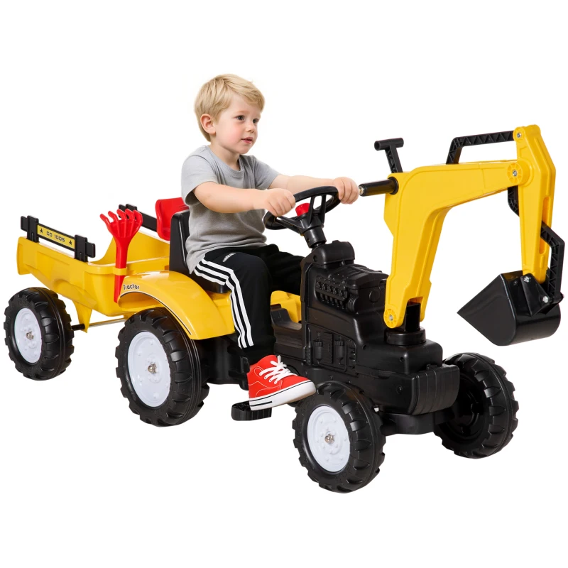 HOMCOM Tracteur à pédales avec remorque amovible pelle et râteau jeu de plein air enfants 3 à 6 ans jaune noir