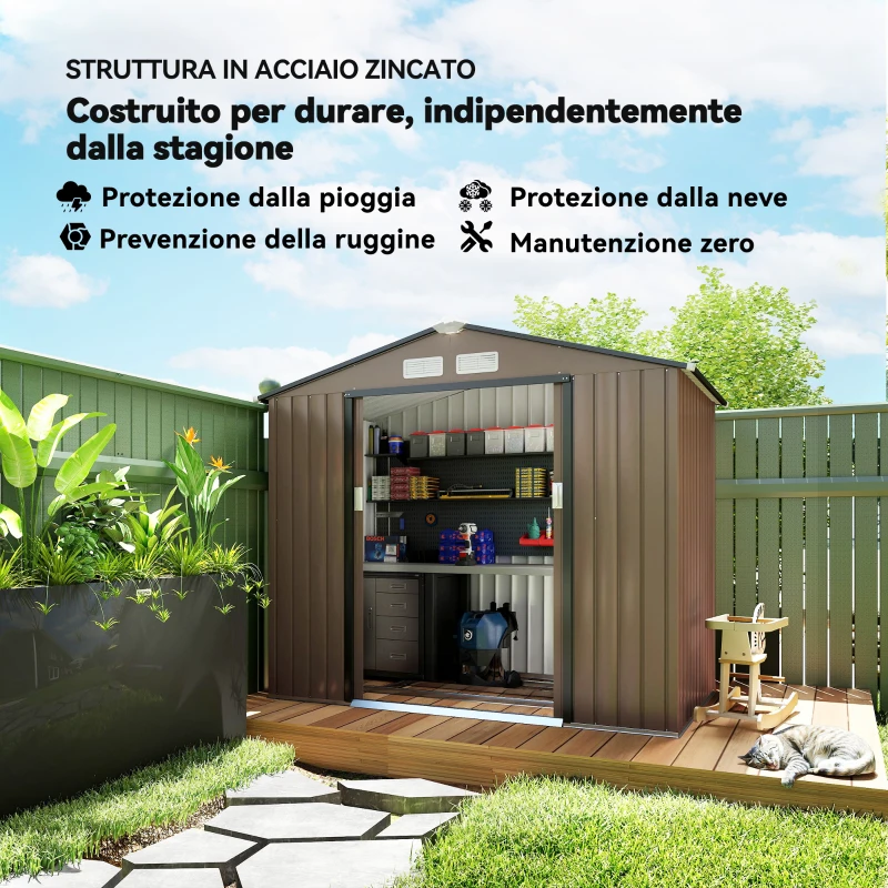 Outsunny Casetta da Giardino in Metallo con Prese d'Aria e Doppia Porta Scorrevole, 2.1x1.3m, Marrone