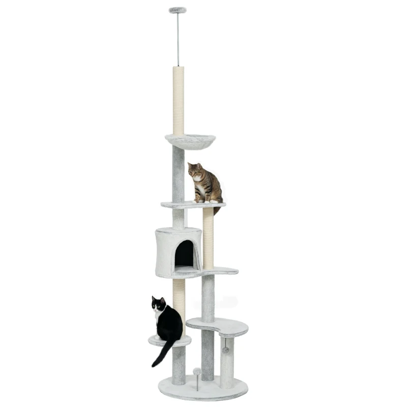 PawHut Arranhador para Gatos de Teto com Altura Ajustável Caverna Plataformas Rede Postes de Arranhar e Bolas Suspensas Ø60x225-255 cm Cinza