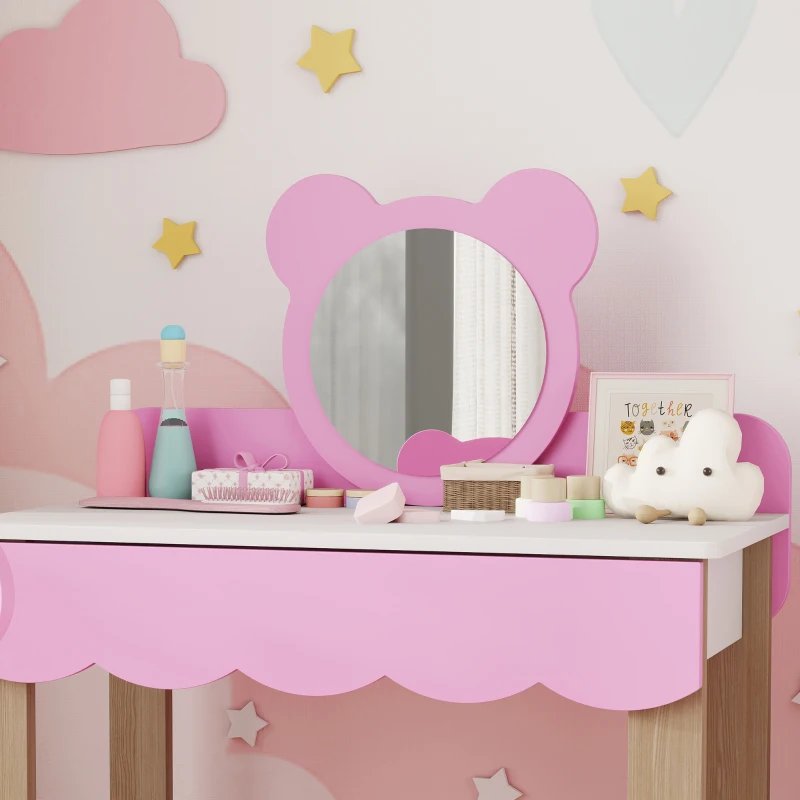 AIYAPLAY Ensemble de coiffeuse avec tabouret pour enfants, miroir de maquillage, forme d'ours, tiroir, MDF, Rose
