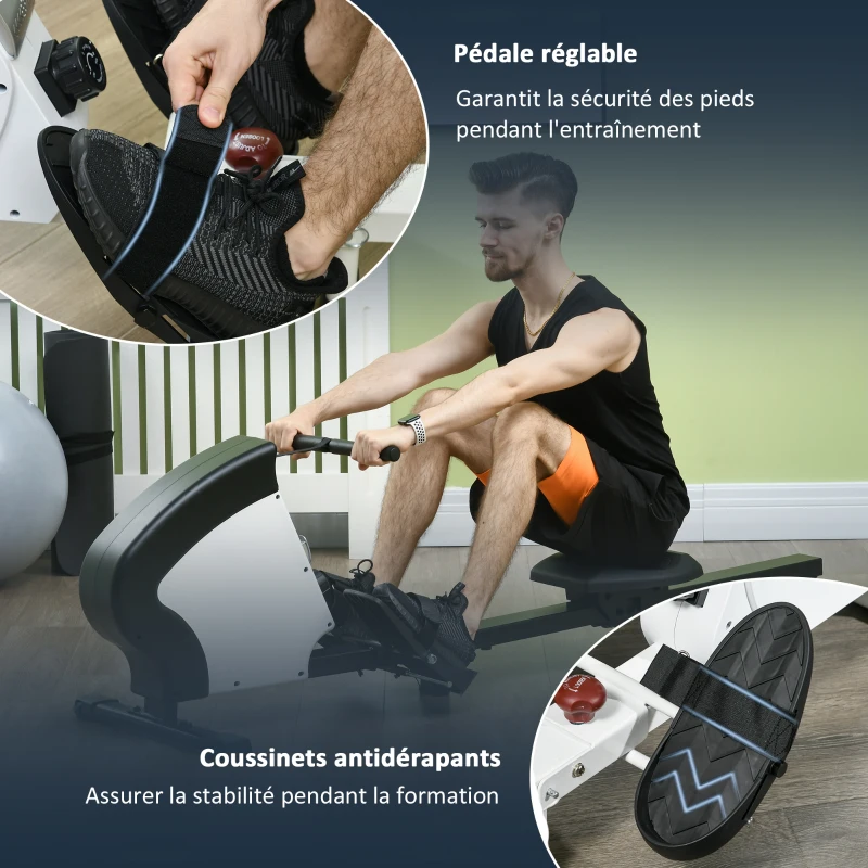 Rameur d'appartement pliable - Aosom.fr x FFHandball - 8 niveaux de résistance magnétique, écran LCD - acier noir blanc