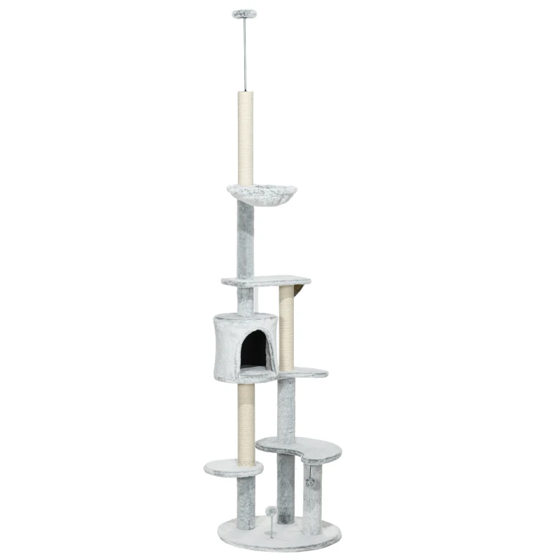 PawHut Árbol Rascador para Gatos de Suelo a Techo Ajustable Altura con Cueva Hamaca y Postes Rascadores Ø60x225-255 cm Gris