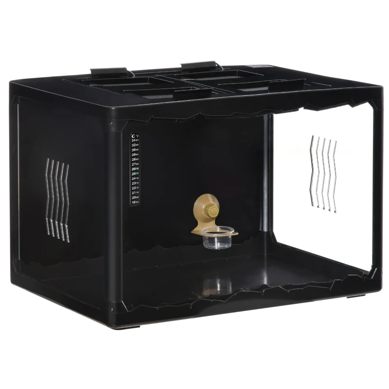 PawHut Terrarium en verre - vivarium reptiles & batraciens - habitat tortue - couvercle grillagé 2 parties amovibles - distributeur eau, thermomètre, pincette, 2 douilles inclus - ABS acrylique noir