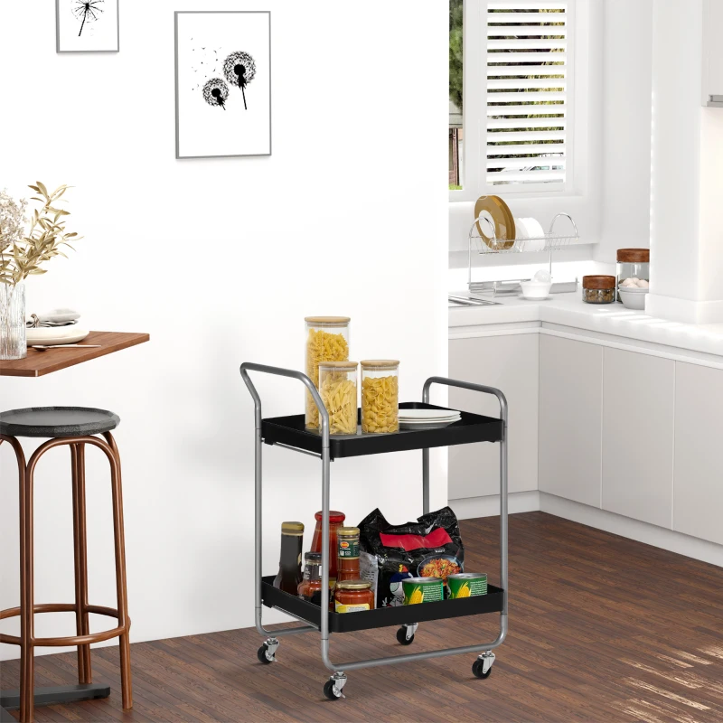 HOMCOM Carrello Portavivande a 2 Livelli con Maniglie e Ruote girevoli, Carrello Portaoggetti in Metallo per Cucina Soggiorno, 63x40.4x83.5cm, Nero