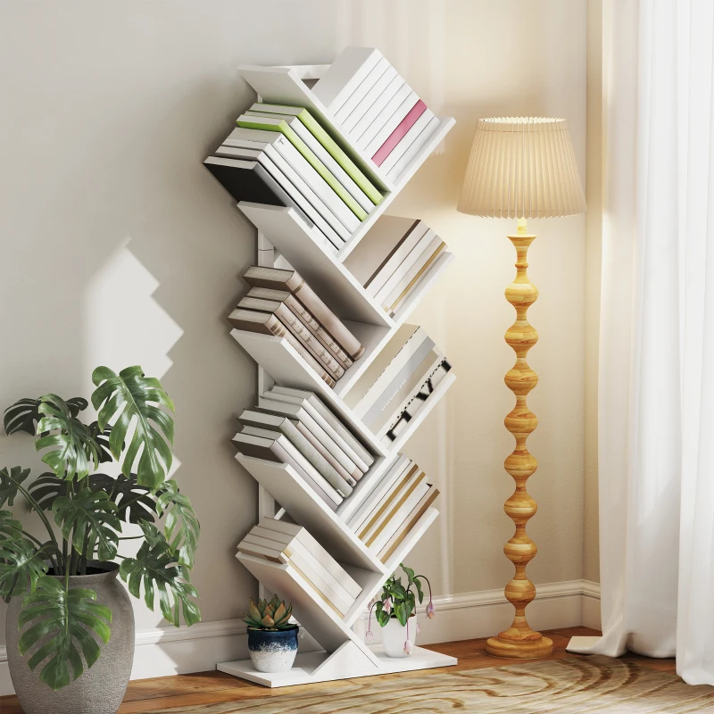 HOMCOM Estante em Forma de Árvore de 9 Níveis Estante de Livros com 9 Prateleiras e Estrutura de Aço 50x24x136 cm Branco