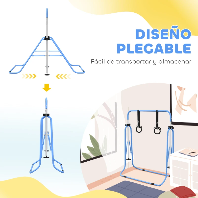HOMCOM Barra de Gimnasia para Niños con Altura Ajustable en 5 Niveles y Anillos Entrenamiento de Gimnasia Plegable en Casa Azul
