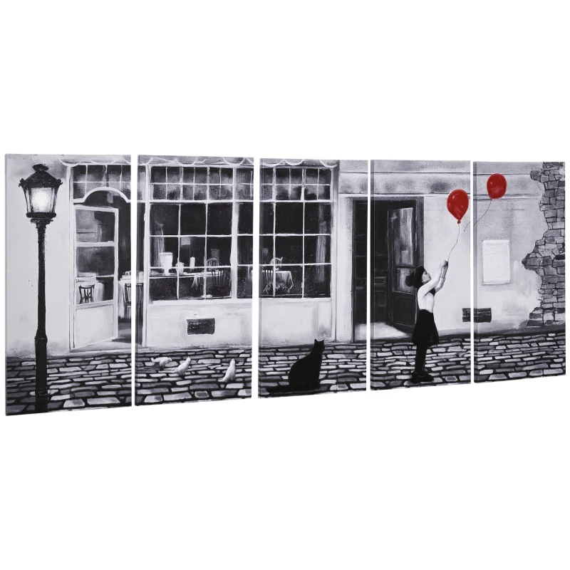 HOMCOM Stampa su Tela con Bambina, 80x40cm, 5 Pezzi per Casa e Ufficio, Tela in Legno di Pino e Vernice ad Acqua, Nero Bianco Rosso
