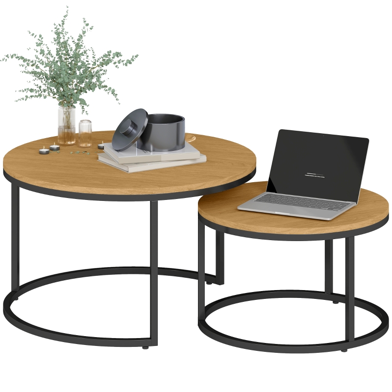 HOMCOM Set mit 2 ineinander verstaubbaren Beistelltischen, stapelbar, industrielles Design mit Betonoptik-Plateau, Metallfüße in Braun