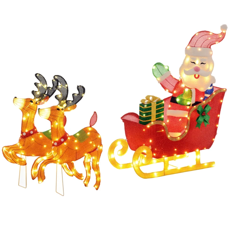 Outsunny Leuchtende Weihnachts-Dekoration, Weihnachtsmann auf Schlitten mit Rentieren, 246 LED-Lichter, Bodenspieße, Mehrfarbig