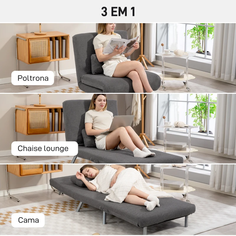 HOMCOM Sofá Cama Individual 3 em 1 Poltrona Cama Dobrável com Encosto Ajustável de 5 Níveis e Almofada 80x75x83 cm Cinzento