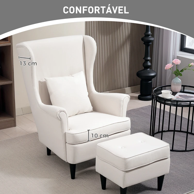 HOMCOM Poltrona com Apoio para Pés Poltrona de Leitura com Encosto Alto Capitonê e Pés de Madeira 75x83x104 cm Bege