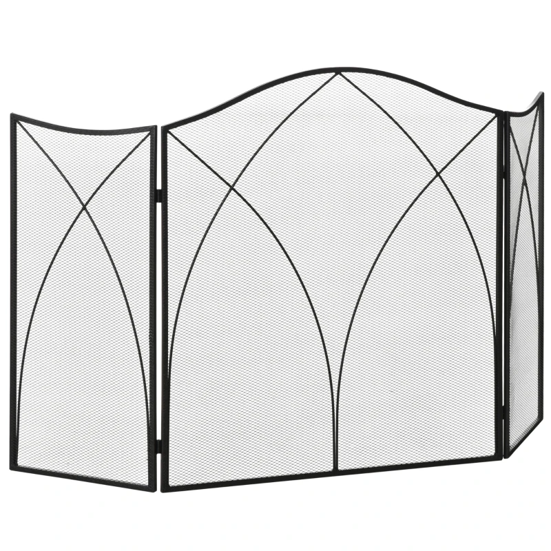 HOMCOM Salvachispas Plegable Pantalla Protectora de Chimenea 3 Paneles con Bisagras y Estructura de Metal Decorativa 108x24x76 cm Negro