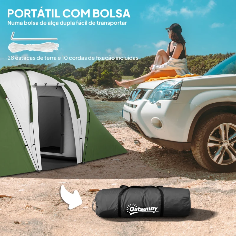 Outsunny Tenda de Campismo Familiar para 4-6 Pessoas com 2 Dormitórios Impermeável 3000 mm com Bolsa 555x225x190 cm Cinza e Verde
