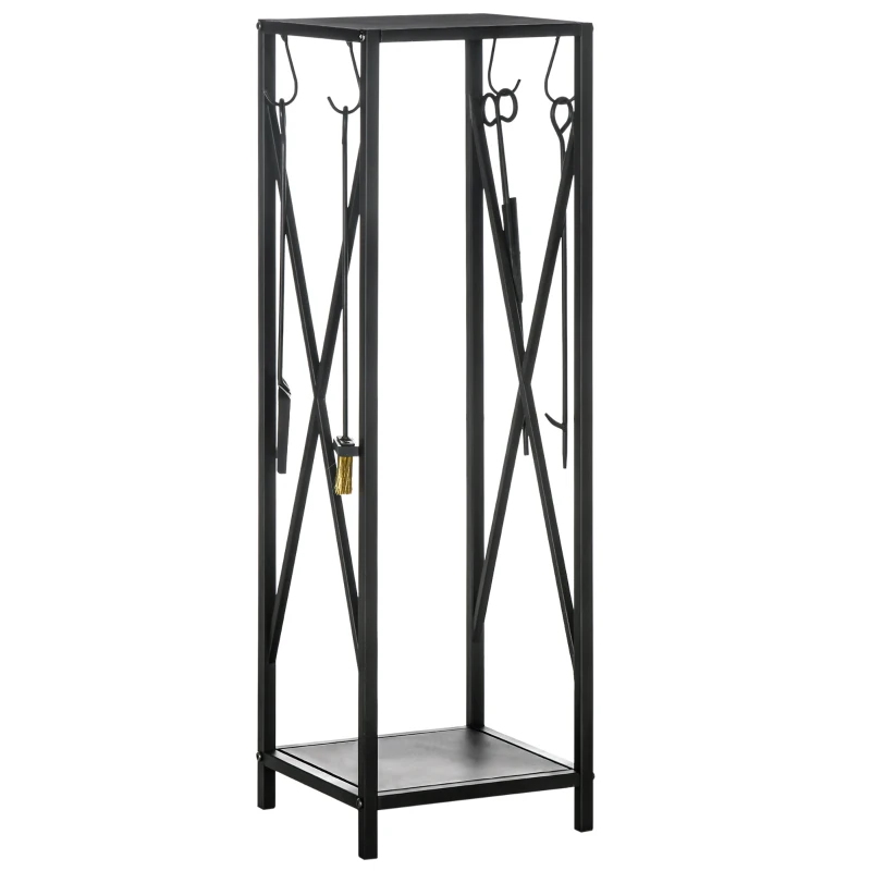 Outsunny Estante de Leña Metálico Leñero de Exterior con Ganchos Pala Cepillo Atizador y Tenazas Carga 65 kg 34x34x111 cm Negro