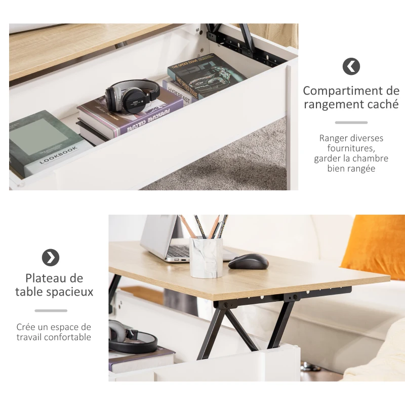 HOMCOM Table basse relevable, table de salon avec compartiment caché, style moderne, pour salon, bureau, 100x50x45cm, blanc
