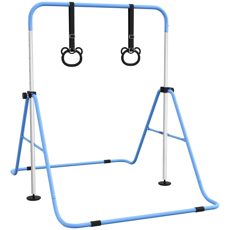 HOMCOM Barra de Gimnasia para Niños con Altura Ajustable en 5 Niveles y Anillos Entrenamiento de Gimnasia Plegable en Casa Azul