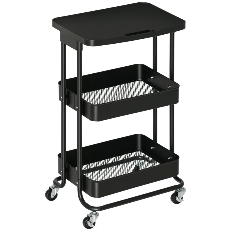 HOMCOM Carrinho de Cozinha com Rodas Carrinho de Armazenamento de 3 Níveis e Rodas com Freio para Sala de Estar Dormitório Escritório 46x34,5x76,5cm Preto