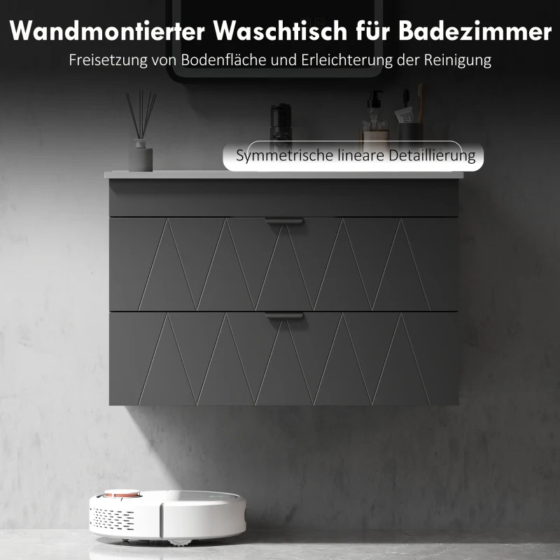 HOMCOM Hangende Wastafelonderkast met Keramische Wastafel en Soft-Close Lades, Zwart(m-4)