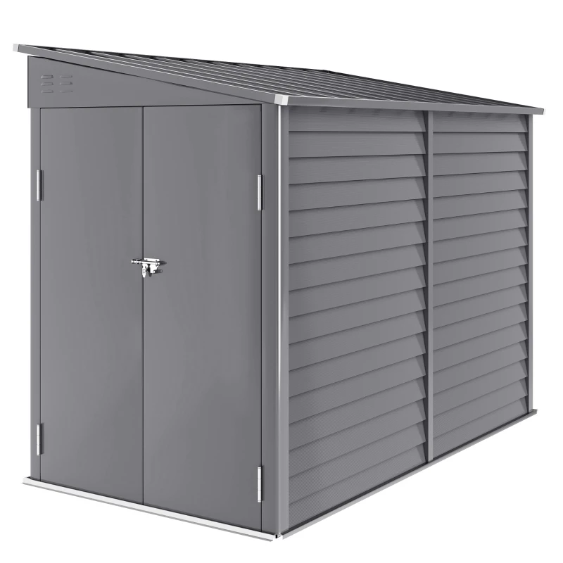 Outsunny 5 x 9ft Galvanised Metal Garden Shed with Foundation Kit, Outdoor Lean-to Shed, Tool Storage House with Lockable Doors, Gloves and 2 Air Vents for Patio, Garden, Grey