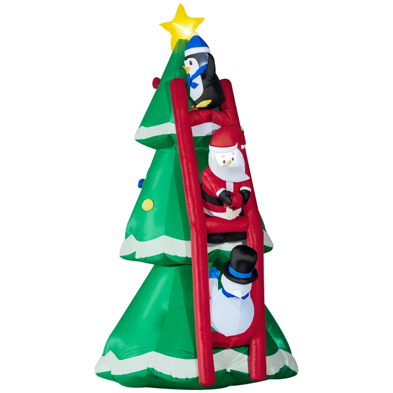 Outsunny Décoration Noêl Extérieur Gonflable 247 cm avec lumières LED, sapin gonflable avec Père Noël, pingouin et bonhomme de neige pour Jardin, pelouse, terrasse, fête