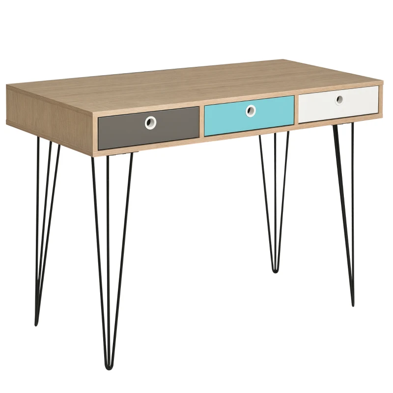 HOMCOM Scrivania Moderna con 3 Cassetti Multicolore in Legno e Metallo, Scrivania per Camera e Ufficio in Stile Nordico, 110x50x77.5cm