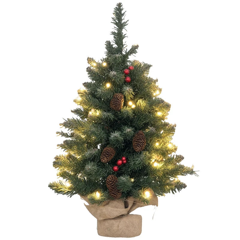 HOMCOM Weihnachtsbaum mit LED-Beleuchtung, 60 cm, Tannenzapfen und rote Beeren, inkl. Ständer, Grün/Weiß
