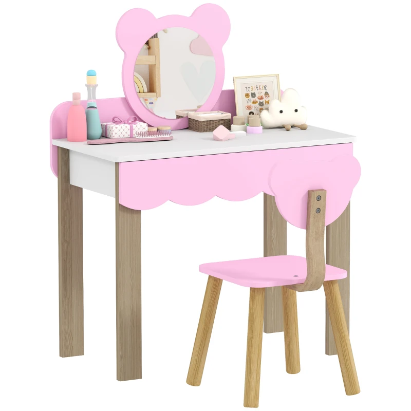 AIYAPLAY Set Frisiertisch con Sgabello per Bambini, Specchio da Trucco, Design Orsetto, Cassetto, MDF, Rosa