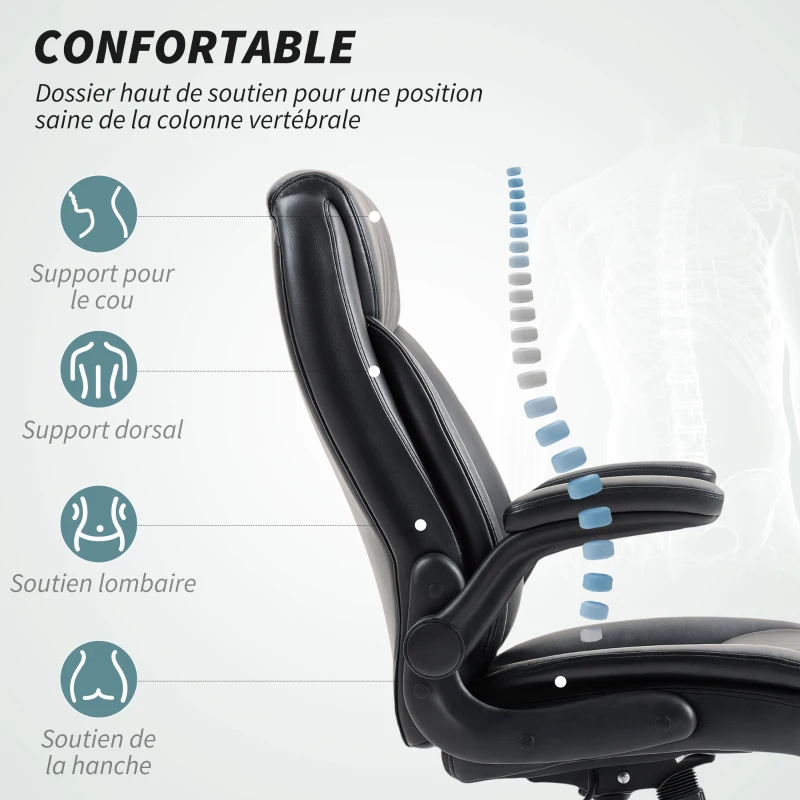 HOMCOM Fauteuil de bureau avec accoudoirs relevables, chaise de bureau ergonomique, hauteur réglable, fonction de bascule, noir