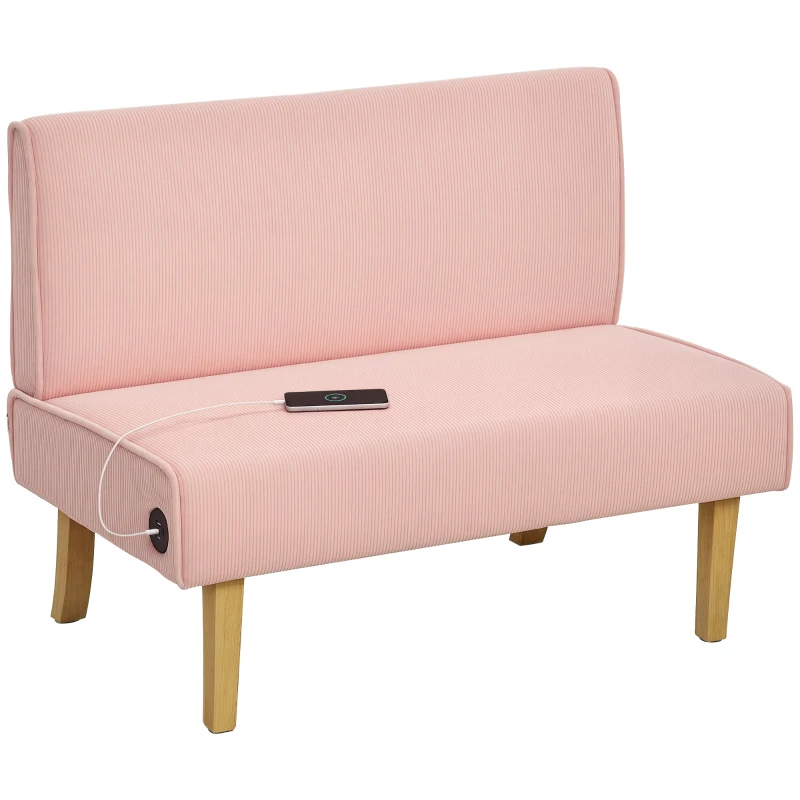 HOMCOM Sofá de 2 Plazas Tapizado en Pana con 2 Puertos USB 1 Puerto Tipo-C y Patas de Madera Carga 240 kg 110x60x85 cm Rosa