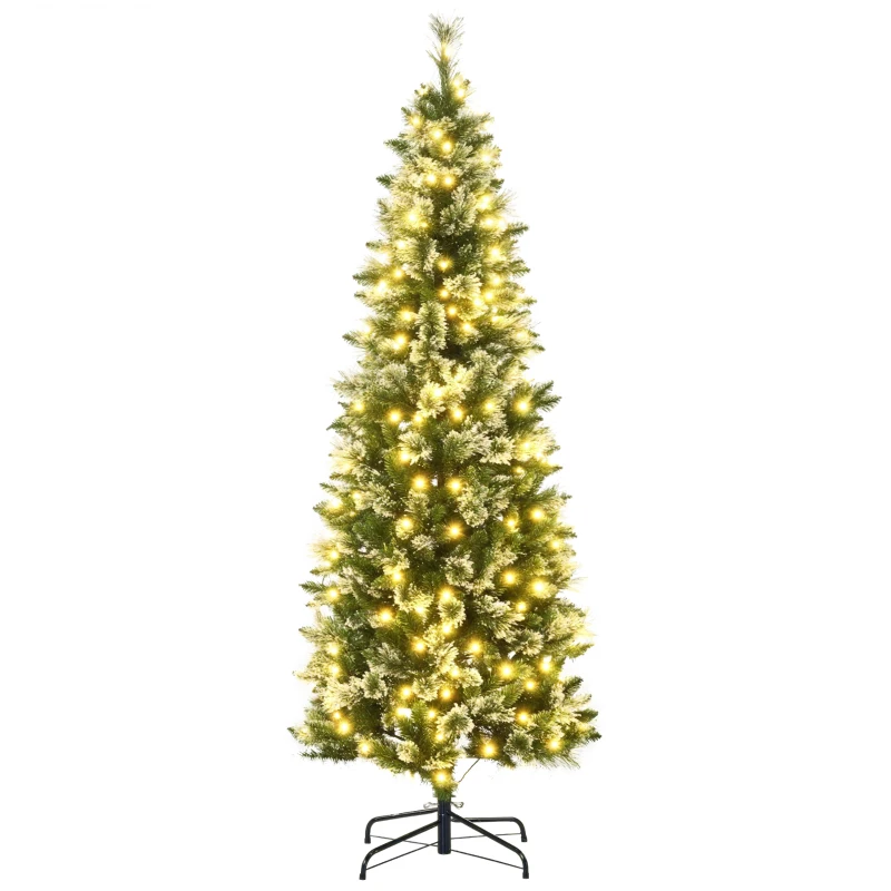 HOMCOM Brad de Craciun 180cm Artificial cu 240 Lumini LED si 618 Ramuri, Brad Acoperit cu Zapada Inalt si Ingust cu Postament din Otel