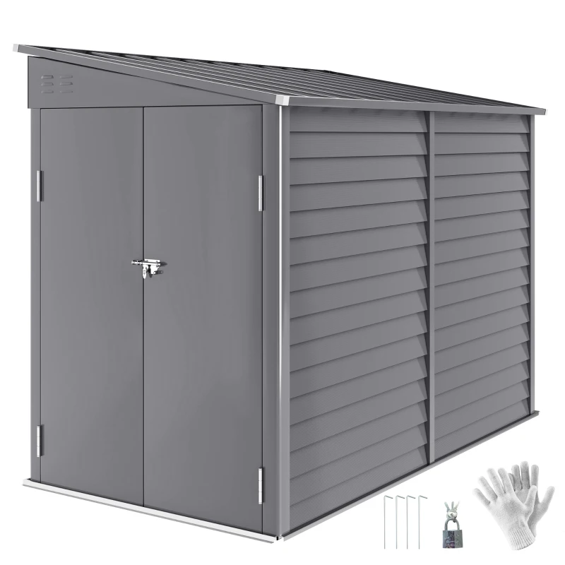 Outsunny 5 x 9ft Galvanised Metal Garden Shed with Foundation Kit, Outdoor Lean-to Shed, Tool Storage House with Lockable Doors, Gloves and 2 Air Vents for Patio, Garden, Grey