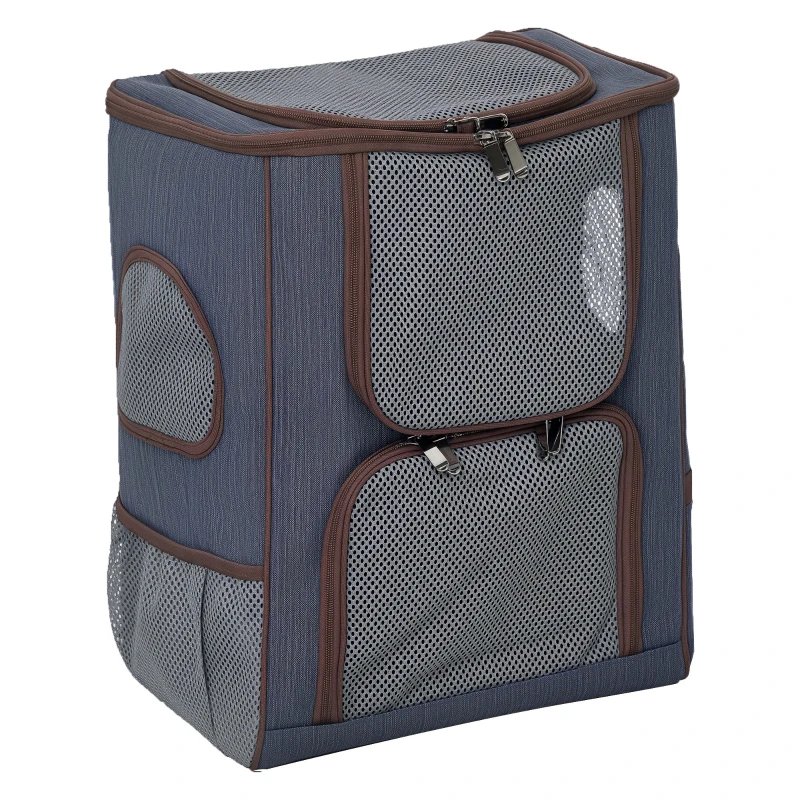 PawHut Zaino per Gatti Trasportino per Cani in Oxford, Cuscino Rimovibile e Lavabile, Inserti Rete Traspirante, 35x28.5x45cm, Blu Marrone