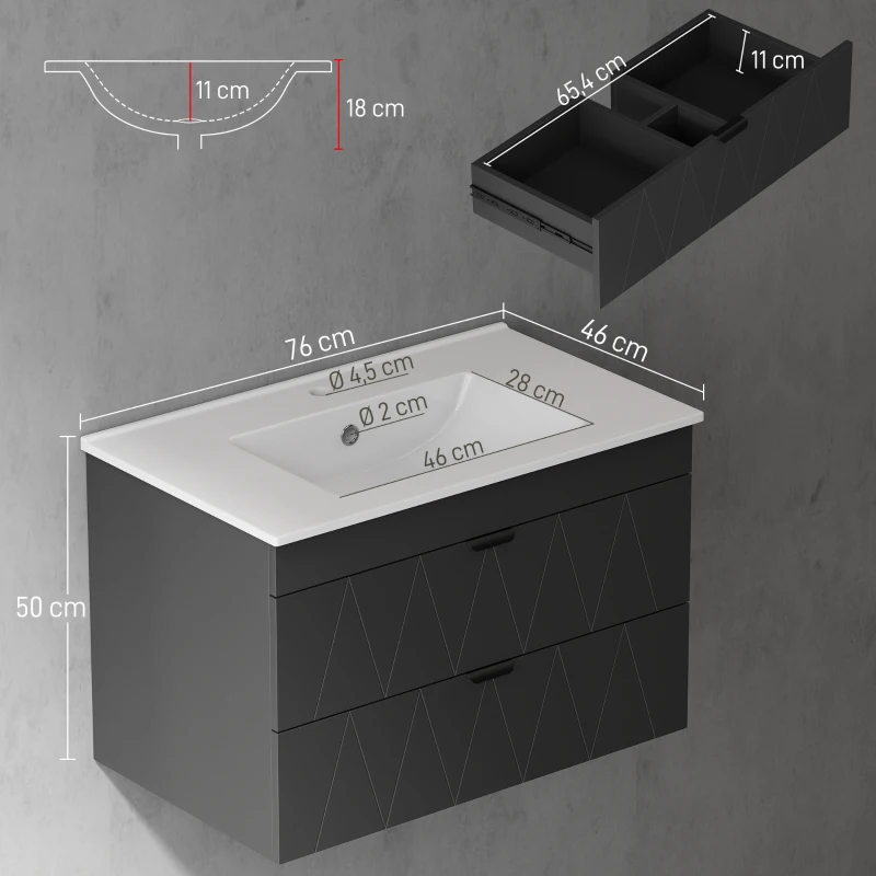 HOMCOM Hangende Wastafelonderkast met Keramische Wastafel en Soft-Close Lades, Zwart(m-3)