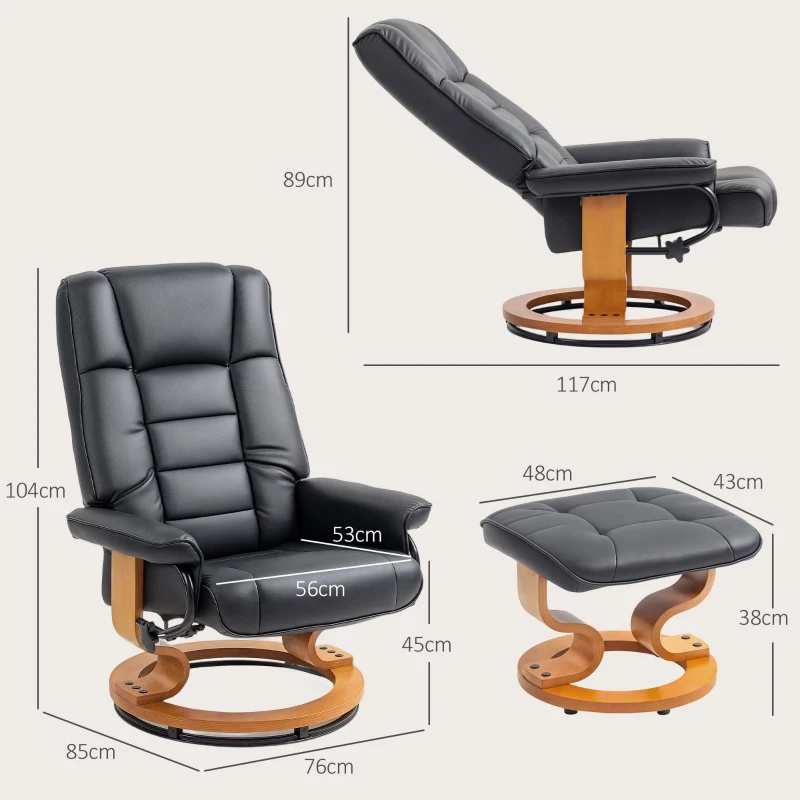HOMCOM Sillón de relajación reclinable con reposapiés, giratorio, marco de madera, revestimiento sintético negro