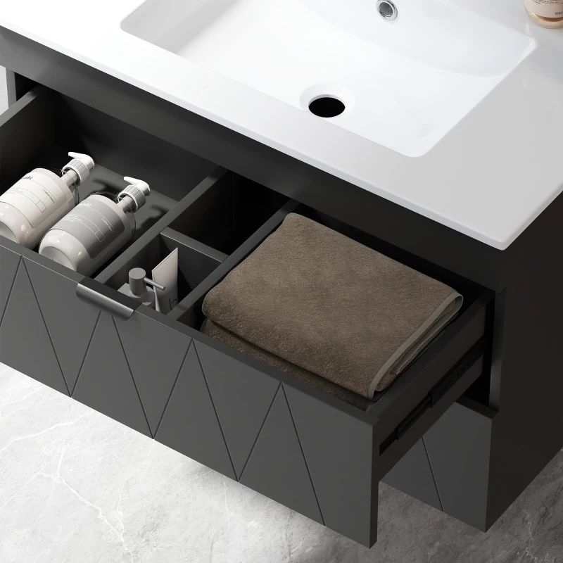HOMCOM Hangende Wastafelonderkast met Keramische Wastafel en Soft-Close Lades, Zwart(m-9)
