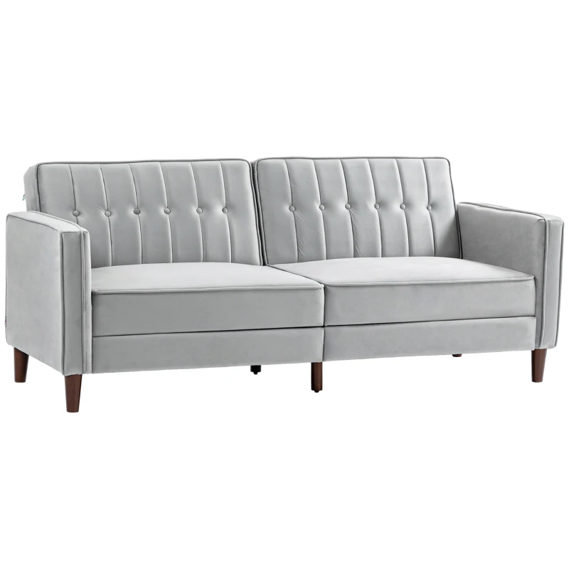 HOMCOM Sofá Cama de 3 Plazas Sofá Cama Convertible de Terciopelo con Respaldo Reclinable y Patas de Madera 189x80,5x78,5cm Gris