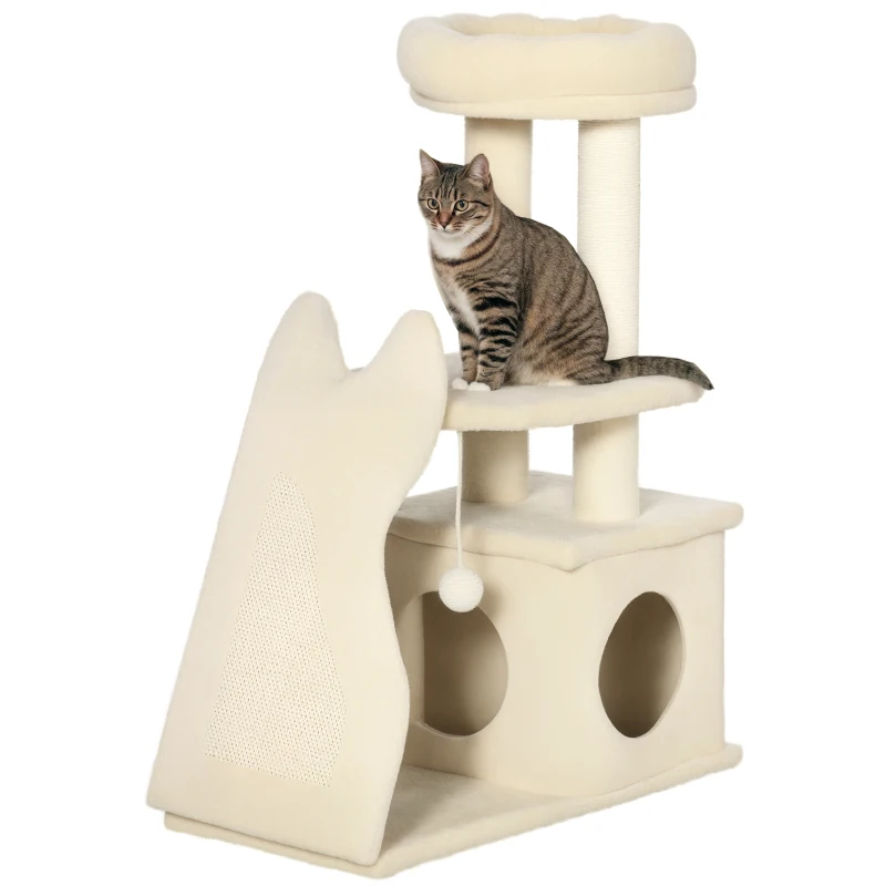 PawHut Árbol Rascador para Gatos Pequeños Altura 83cm Torre para Gatos con Cama Cueva y Bola Colgante 60x30x83 cm Beige