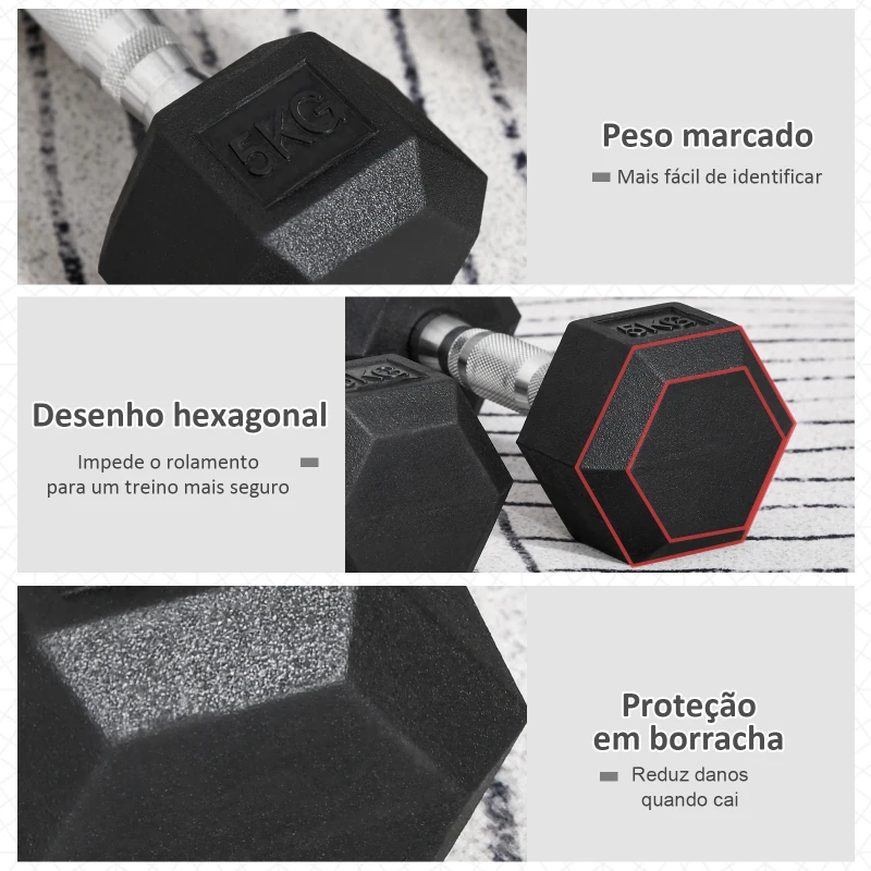 HOMCOM Conjunto de Halteres Hexagonais 2 x 5 kg Conjunto de Pesos com Barras de Conexão Kit de Treino de Fitness