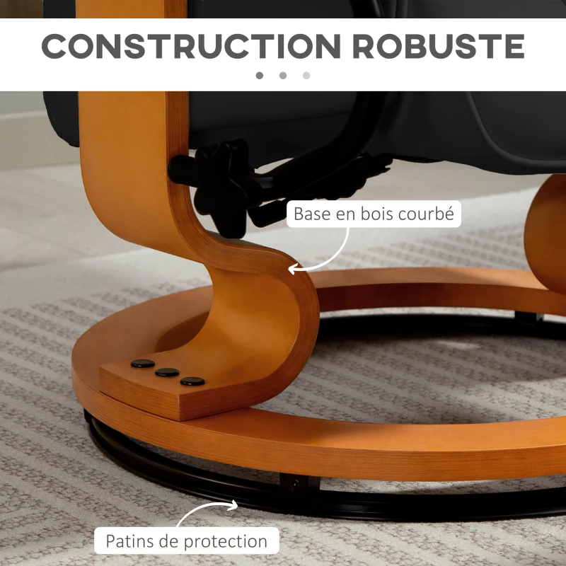 HOMCOM Fauteuil de relaxation inclinable avec repose-pied, pivotant, cadre en bois , revêtement synthétique noir