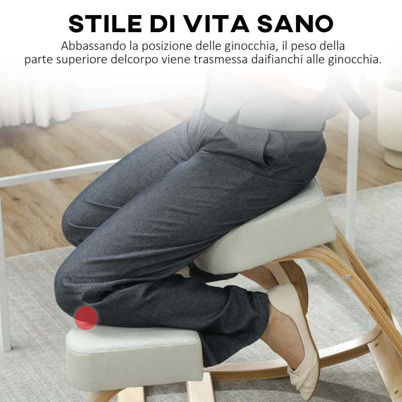 Vinsetto Sedia Ergonomica con Inginocchiatoio in Legno di Betulla e Cuscino, 51x69x58 cm, Crema