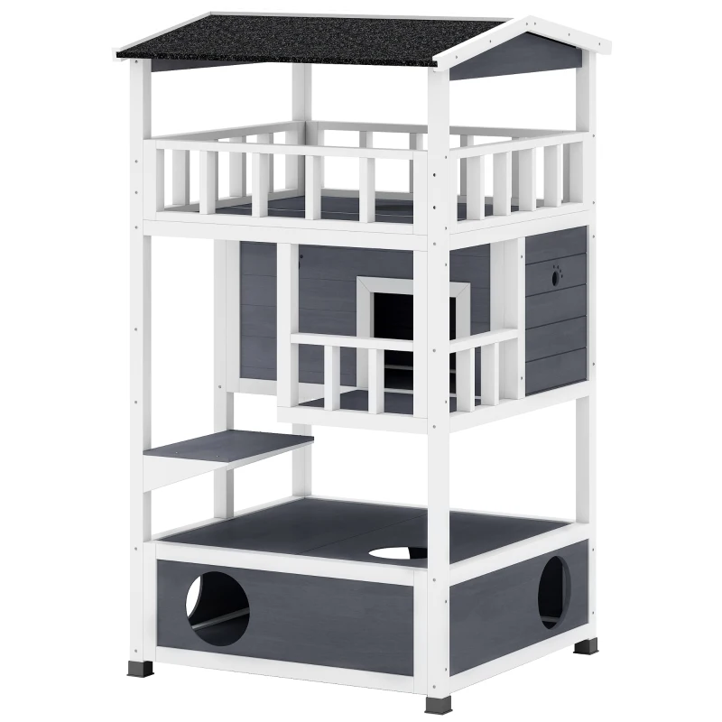 PawHut Wooden Outdoor Cat House, 3-Tier Cat Shelter with Tilted Roof, Terrace, Jump Step, Bottom Tray and Elevated Base, Waterproof Paint, Grey