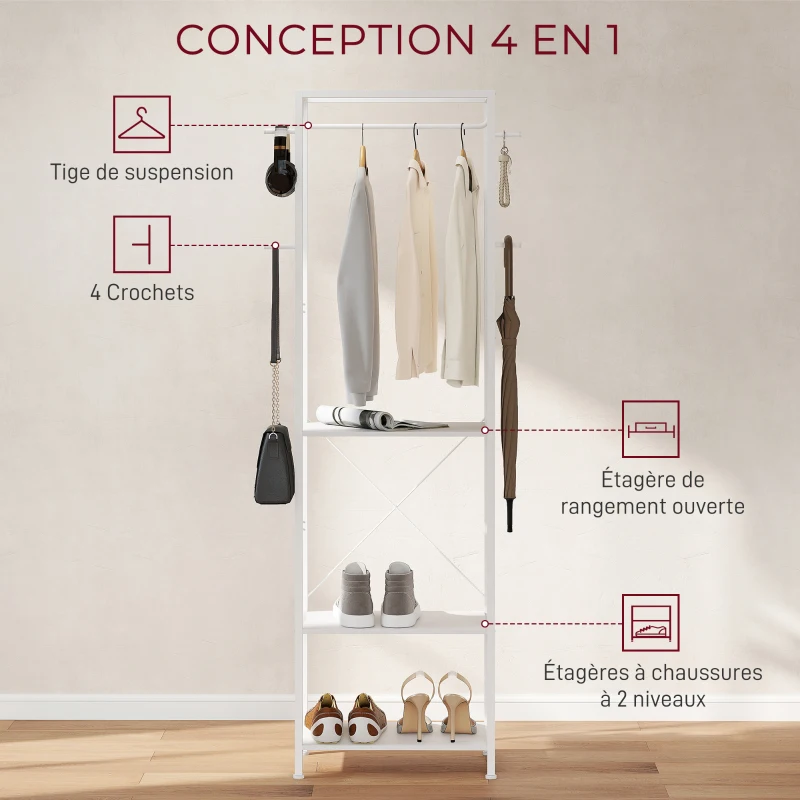 HOMCOM Porte-manteau, portant à vêtements avec tringle de suspension, 4 crochets, étagères, 52 x 30 x 180 cm, blanc