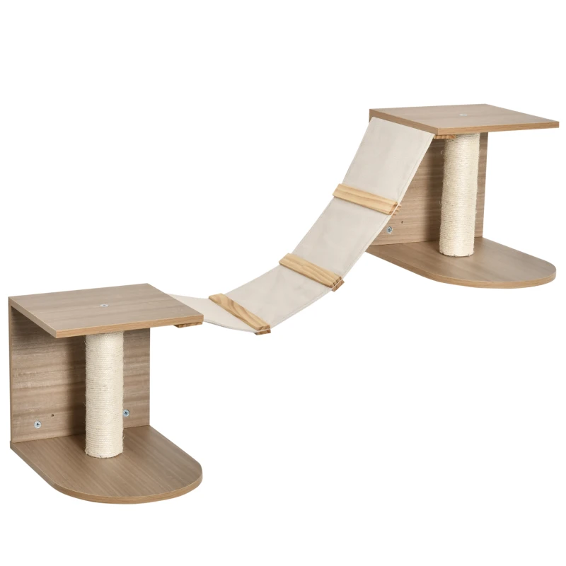 PawHut Estantes de Pared Gatos Escaleras de Tela para Gatos con Plataformas y Postes Rascadores de Sisal Centro de Actividades de Escalada 129x40x31,5 cm Marrón Claro